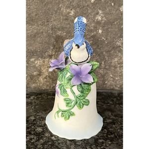 Mini Porcelain Bell Blue Jay Violet Flowers Cosmos Gifts 3 3/4” Tall